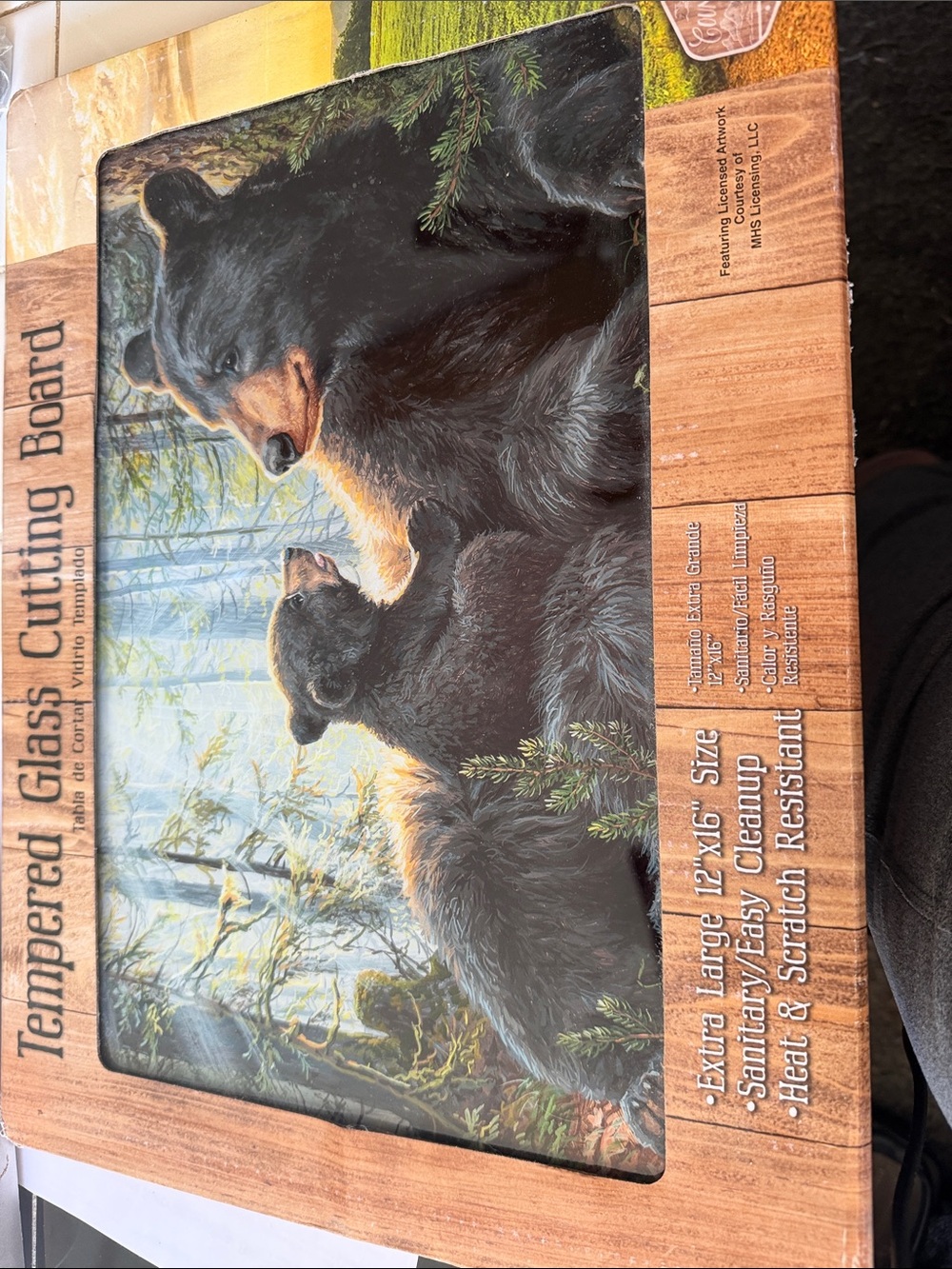 Tempered Glass Cutting Board with Bear Artwork - Black